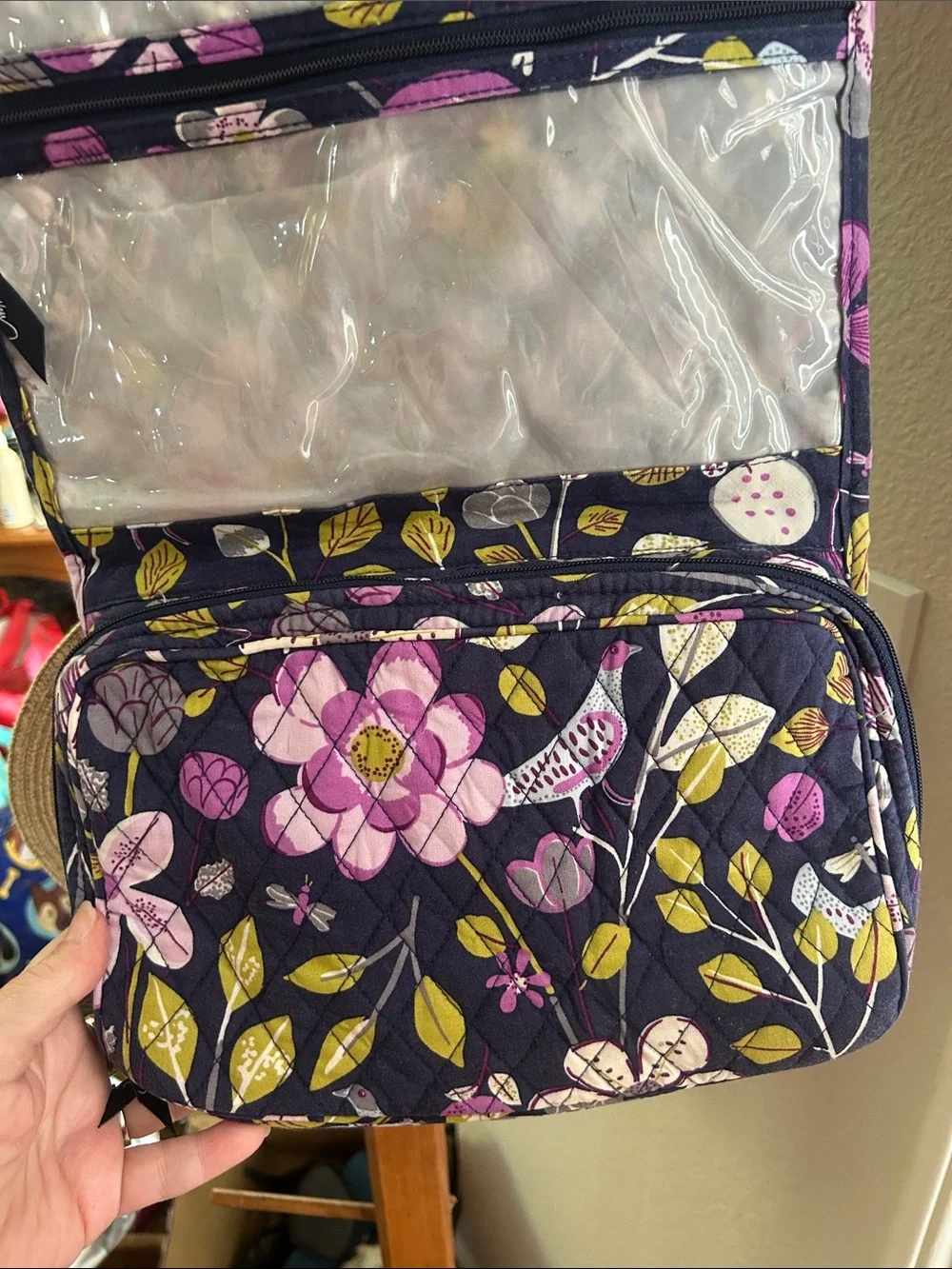 Vera Bradley Quilted Hanging Makeup Organizer in Navy with Purple Floral
